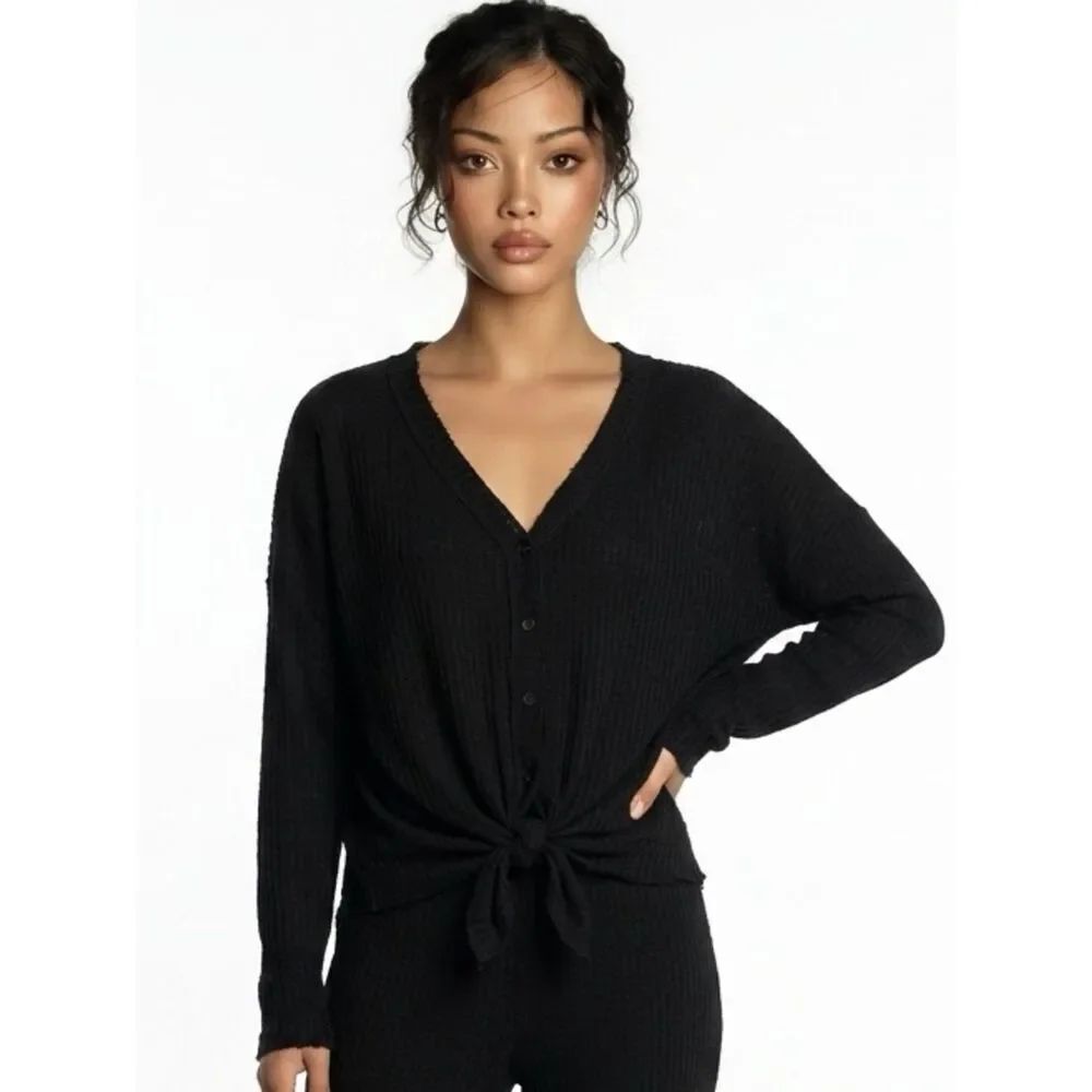 DOUBLE ZERO | Waffle Knit Thermal Long Sleeve Shirt Button & Tie Front Women’s L